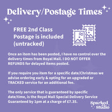 Load image into Gallery viewer, a purple poster with a message stating delivery / postage times