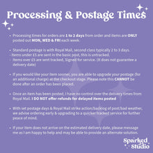 Load image into Gallery viewer, a purple poster with instructions for processing and posting time