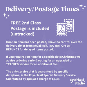 a purple poster with a message stating delivery / postage times