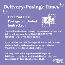 Load image into Gallery viewer, a purple poster with a message stating delivery / postage times
