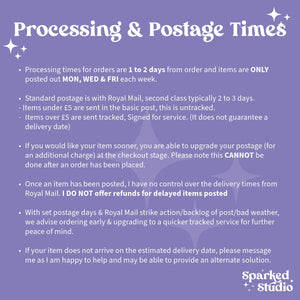 a purple poster with instructions for processing and posting time