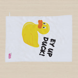 LARGE Tea Towel | Yorkshire Saying Ey Up Duck Rubber Duck Illustration, Kitchen Towel | Home Decor | Housewarming Gift | British Souvenir